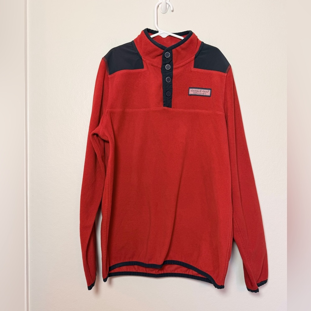 Vineyard Vines Boys Snap Red Solid Polar Fleece Shep Shirt - Size Large